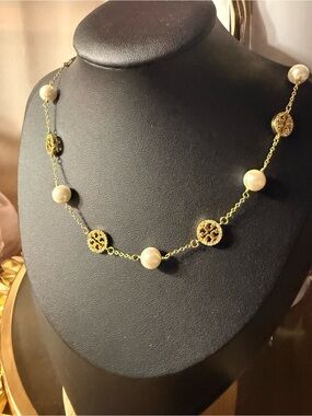 Tory Burch Gold Chain Necklace with Ivory Pearls and Pave Logo